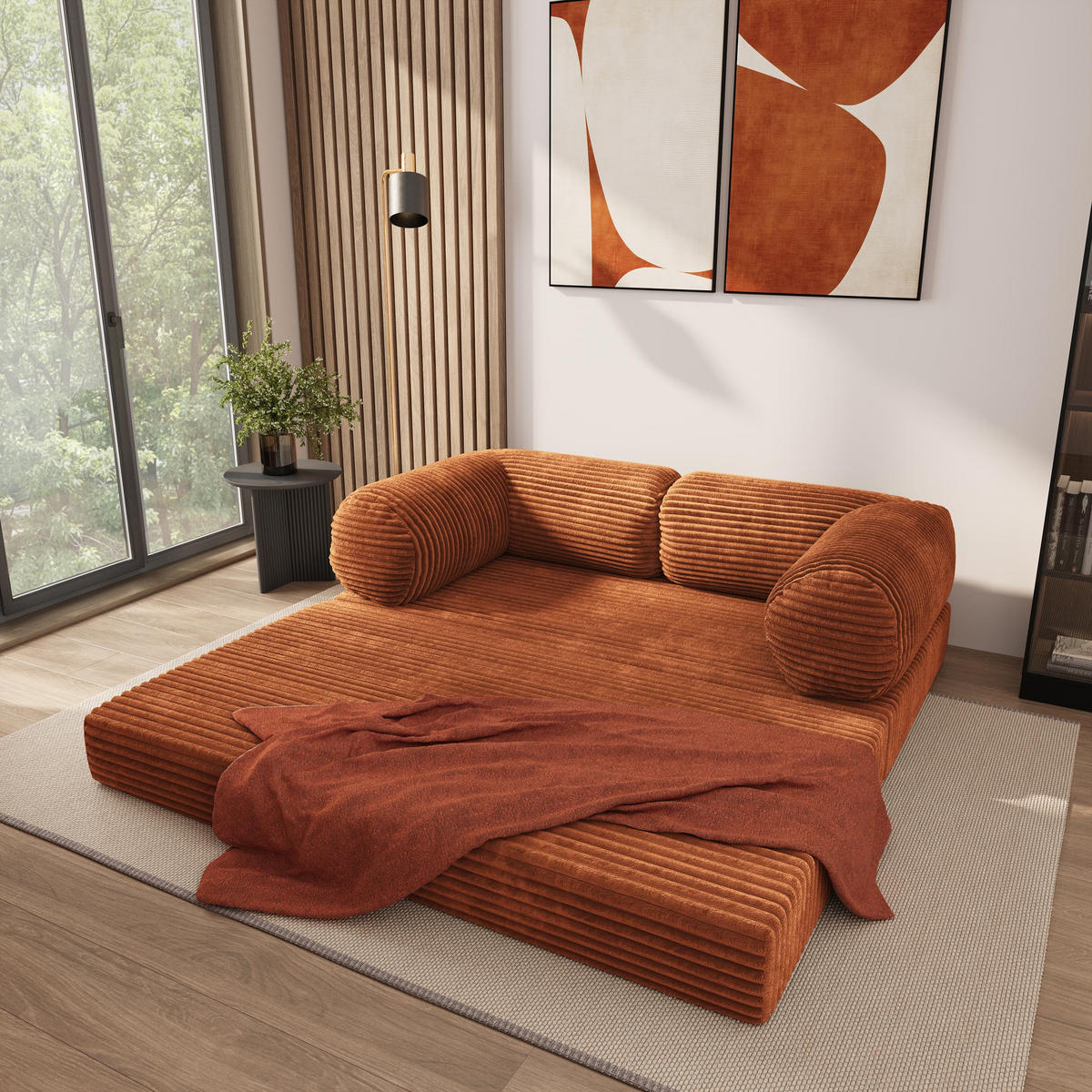 POHOVKA z pěny ALVIO s funkcí spaní Manšestrová látka Hnědá - hnědá, textil (170/68/80cm) - MASSENO