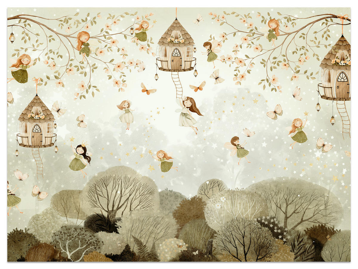 FOTOTAPETE für Kinderzimmer Waldfeen Blumen Sterne Schmetterlinge Baum 400x280 - Beige/Orange, Papier (400/280cm) - Muralo