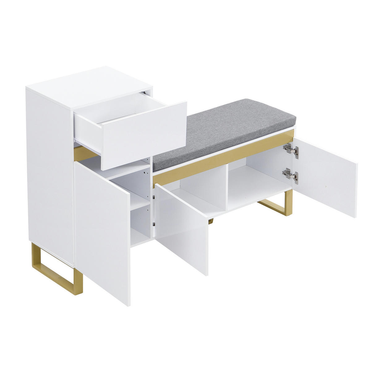 SCHUHSCHRANK 120/35/85 cm mit Sitzkissen, Schublade und Stauraum, MDF in Hochglanz, Weiß - Weiß, Holzwerkstoff (120/85/35cm) - Redom