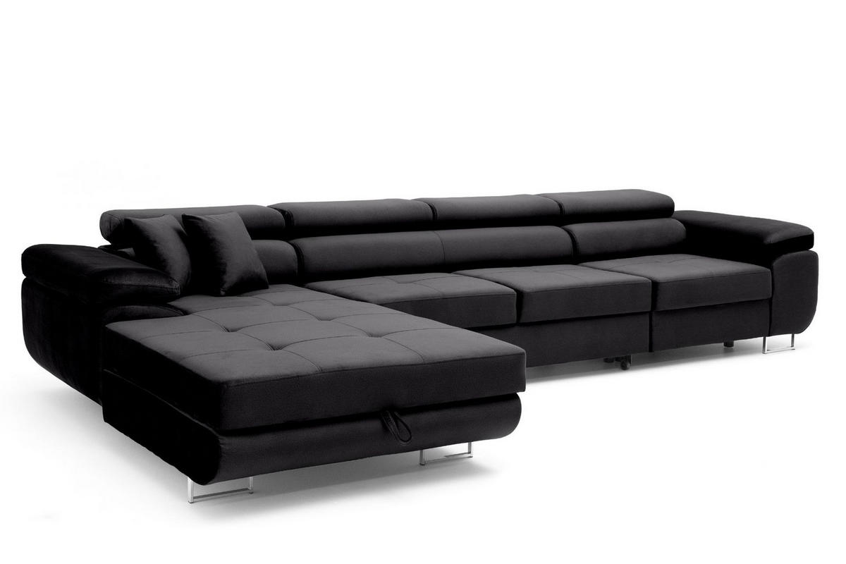 ECKSOFA ALONZO MAXI Links mit Schlaffunktion 125x195 Velours Schwarz - Silberfarben/Schwarz, Holz/Textil (350/203cm) - Muffo