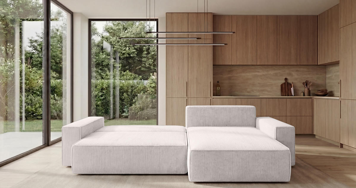 ECKSOFA California mit Schlaffunktion Vanille Rechts - Weiß, Textil (280/184cm) - Cornero