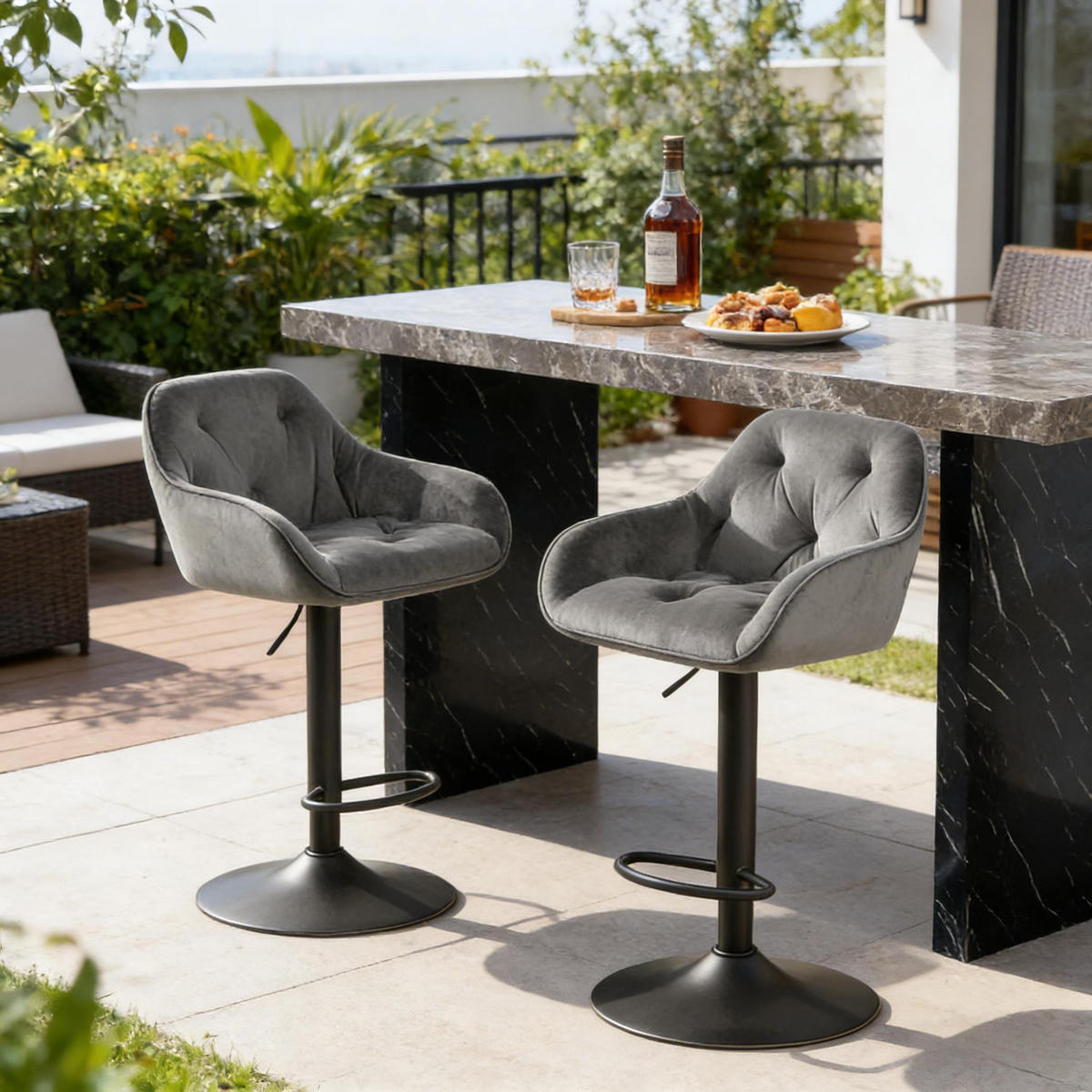 BARHOCKER 2er-Set Dunkelgrau Samt Höhenverstellbar Drehbar mit Rückenlehne - Dunkelgrau, Metall (37.5/108.5/37cm) - PANGIVO