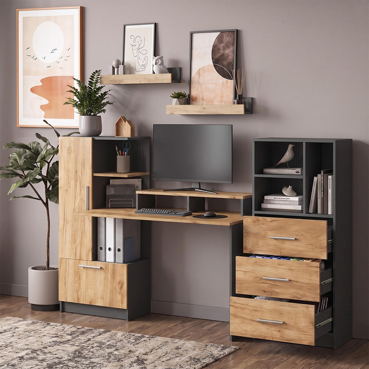 UNIVERSALSCHRANK Tomy, Anthrazit/Goldkraft Eiche, 60 x 120 cm mit 3 Schubladen - Honigeiche/Anthrazit, Holzwerkstoff (60/120/31.6cm) - Vicco