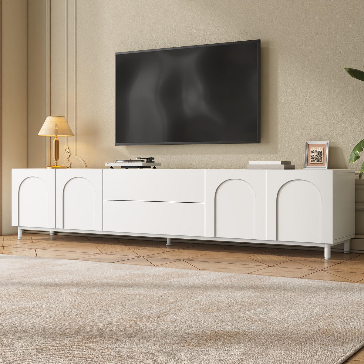 TV-SCHRANK 4 Türen 2 Schubladen Bogen Türen Modern - Weiß, Holzwerkstoff (180/48/40cm) - FLIEKS