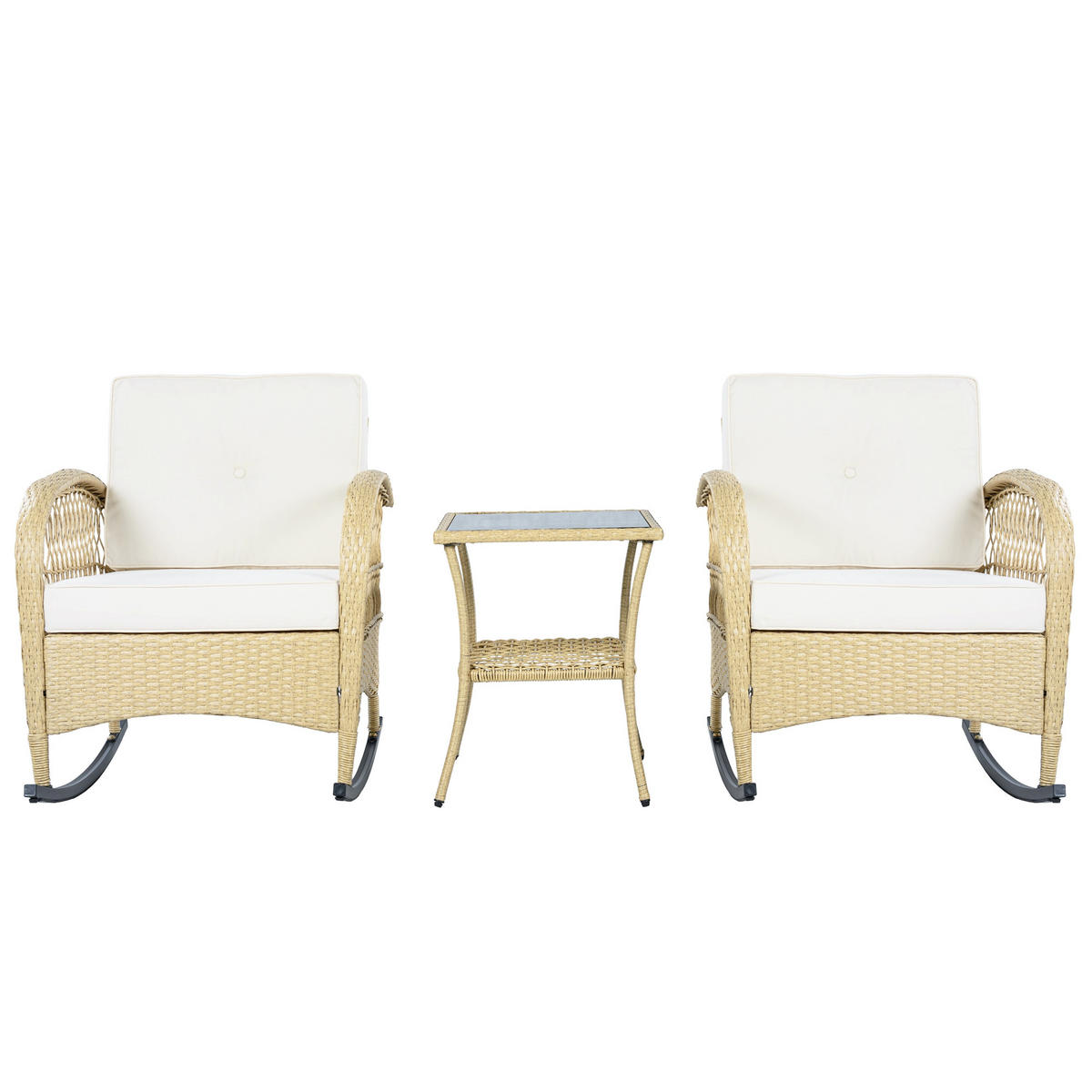 BALKONMÖBEL-SET 45/45/61 cm beige aus Rattan und Metall mit 2 Schaukelstühlen und Glastisch - Beige, Metall - OKWISH