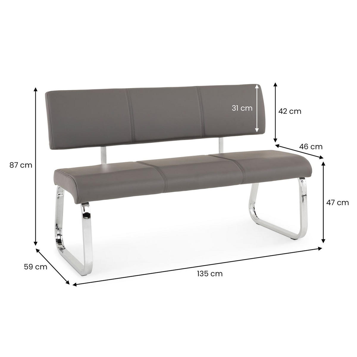 ESSZIMMERBANK VILAS grau - Grau, Textil/Metall (135/87/56cm) - IDIMEX