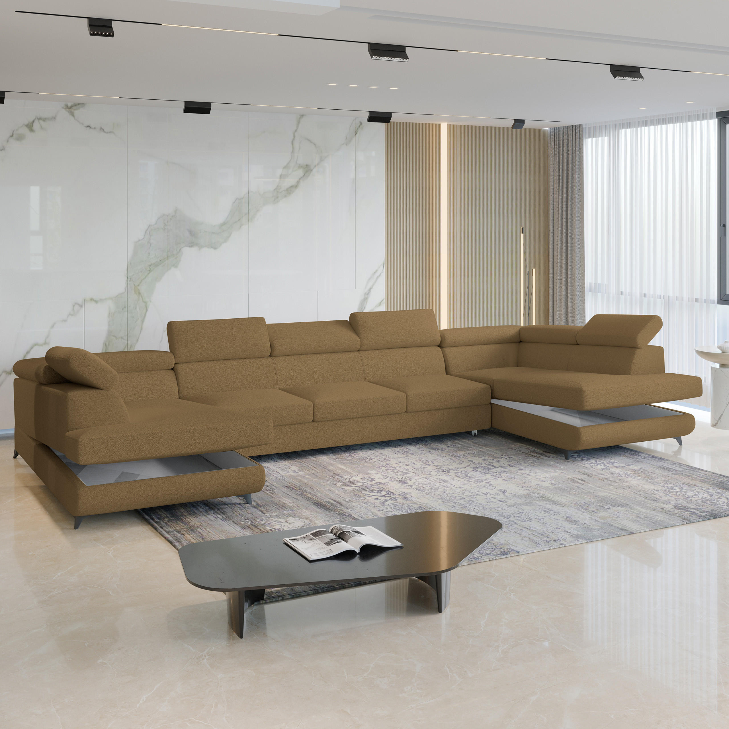 WOHNLANDSCHAFT URMANO Orange Boucle-Stoff mit Schlaffunktion - Orange, Holz (395/89/190cm) - MASSENO