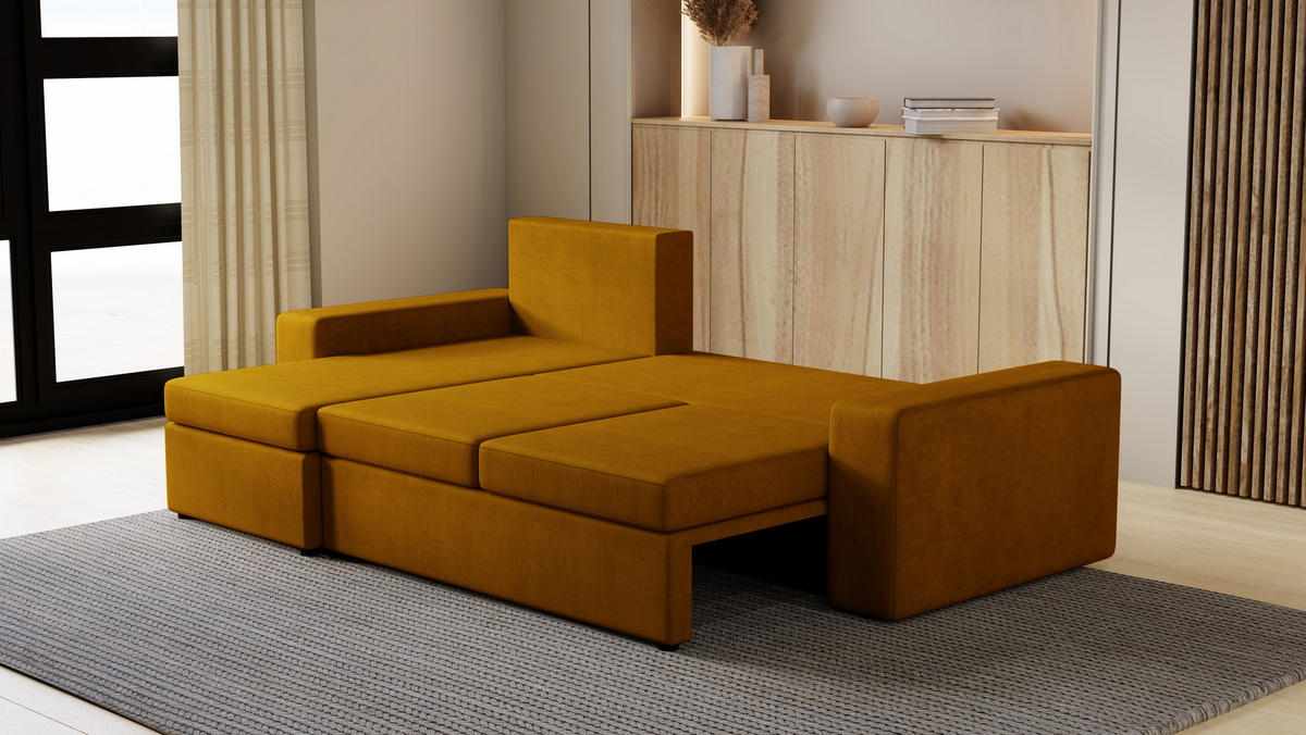 ECKSOFA Paco mit Bettkasten und Schlaffunktion, L-Form/XL-Form, Velourstoff, Universal - Currygelb, Holzwerkstoff (246/145cm) - 4ALL HOME