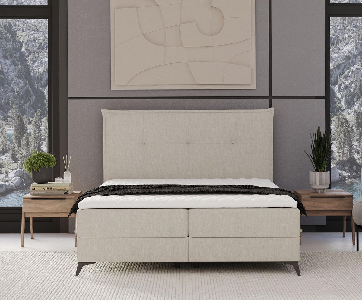 BOXBETT Menzzo Beige 180/200 cm mit Matratze und Topper - Beige/Schwarz, Holz/Holzwerkstoff (200/200cm) - Maison de Reve