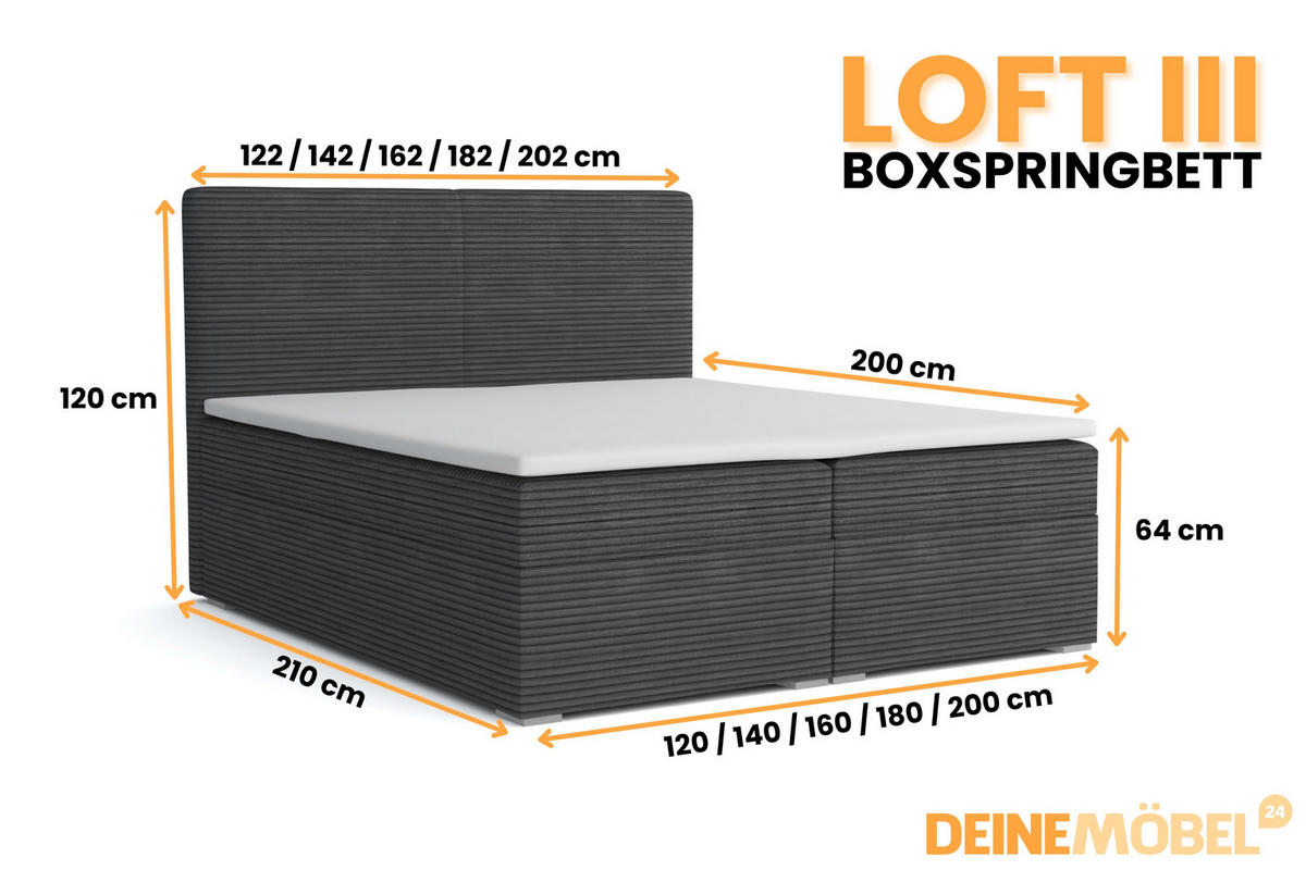 BOXBETT LOFT III 200/200 Cord Anthrazit mit Taschen-Federkernmatratzen 7 Zonen H4 - Anthrazit, Holz/Holzwerkstoff (200/200cm) - Deine Möbel 24