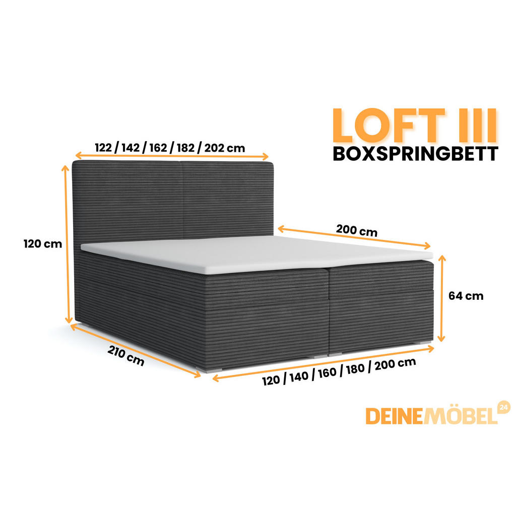 Thumbnail - Deine Möbel 24 Boxbett, Anthrazit, Textil, H3, 200x200 cm, Schlafzimmer, Betten, Boxspringbetten