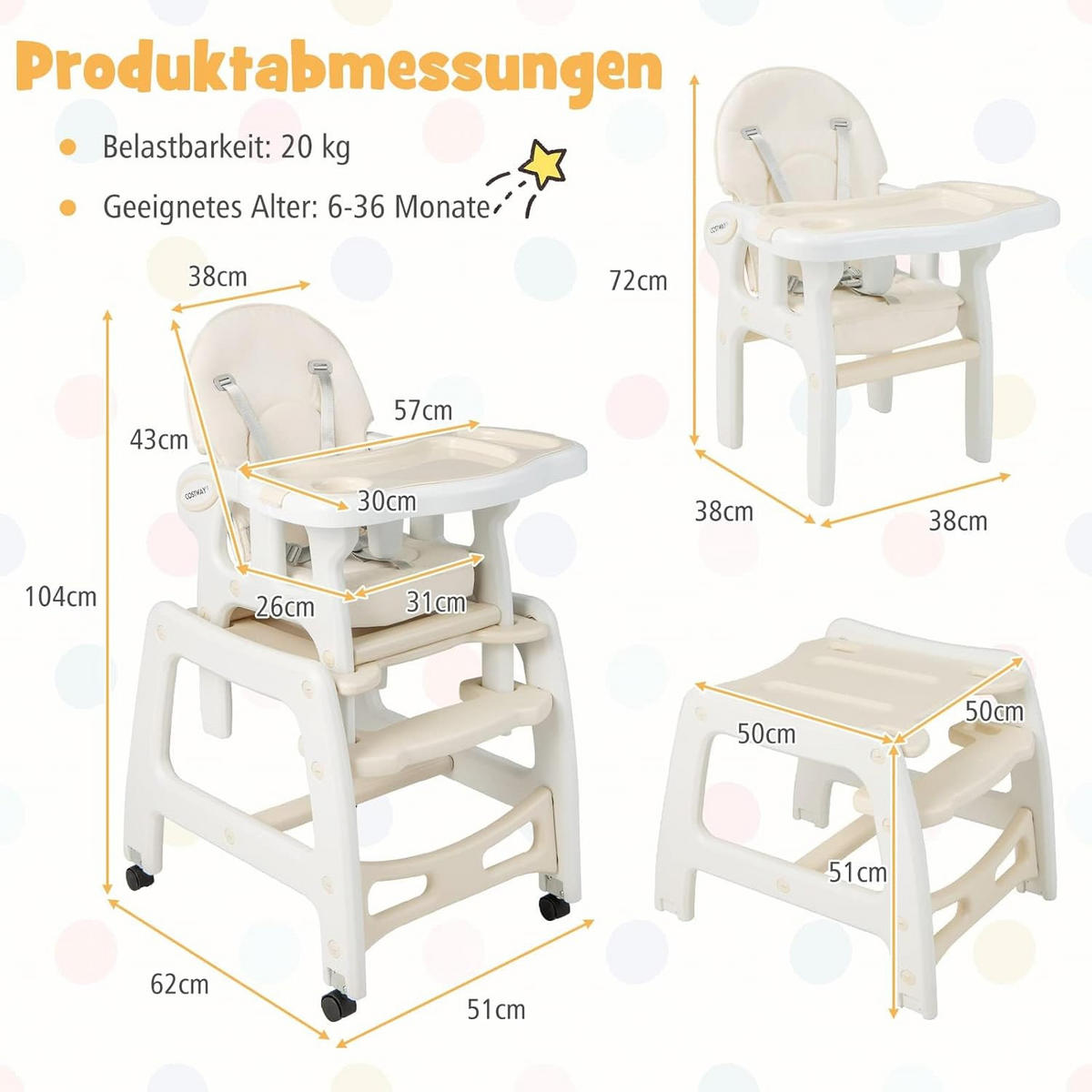 BABYHOCHSTUHL Beige - Beige, Kunststoff (51/104/62cm) - COSTWAY