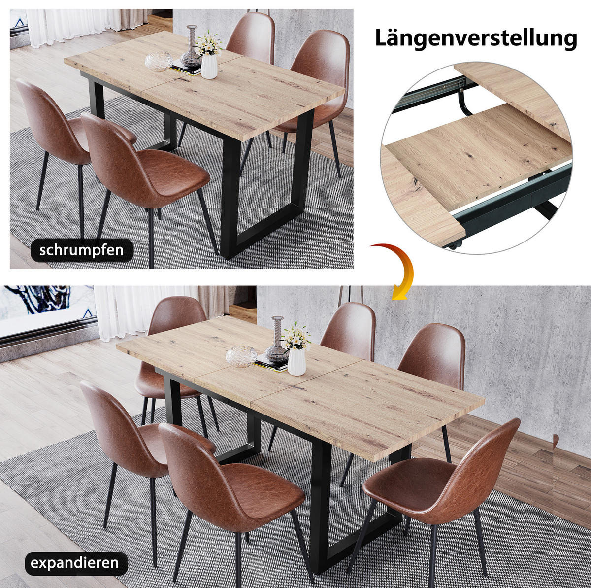 ROZKLÁDACÍ jídelní stůl 140/180x80x75 cm s industriálním designem, stabilní kovovou konstrukcí a úsporným provedením, Černá + přírodní - barva dubu, kompozitní dřevo (180/80/75cm) - Redom