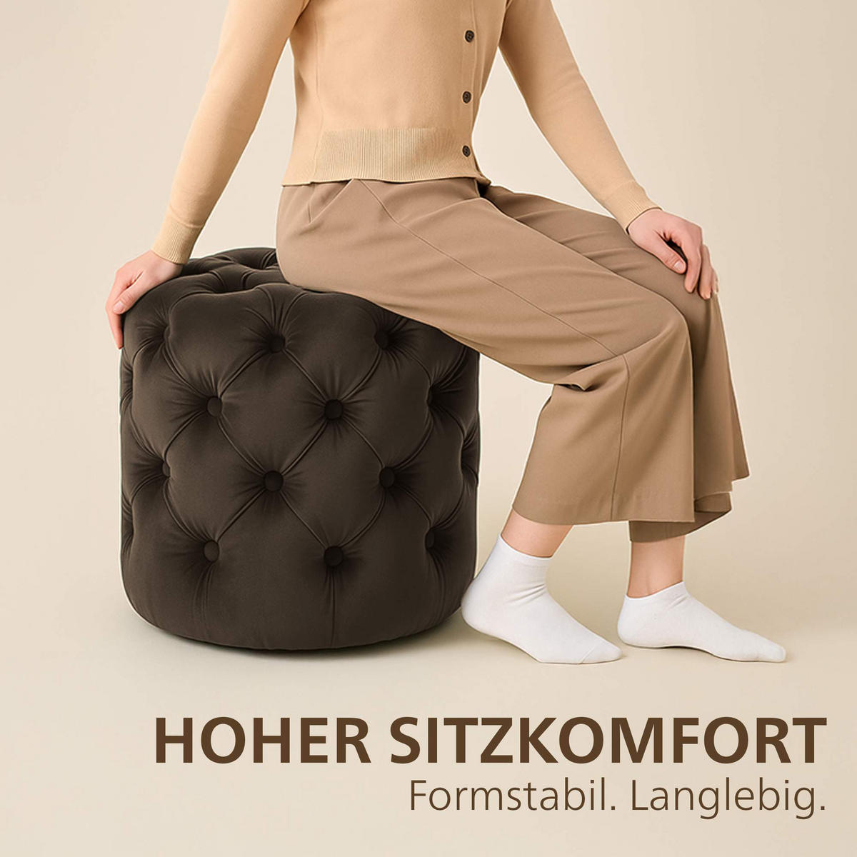 SITZPOUF rund Samt Dunkelbraun - Eukalyptusholzfarben/Dunkelbraun, Holz/Textil (42/46/42cm) - CLP