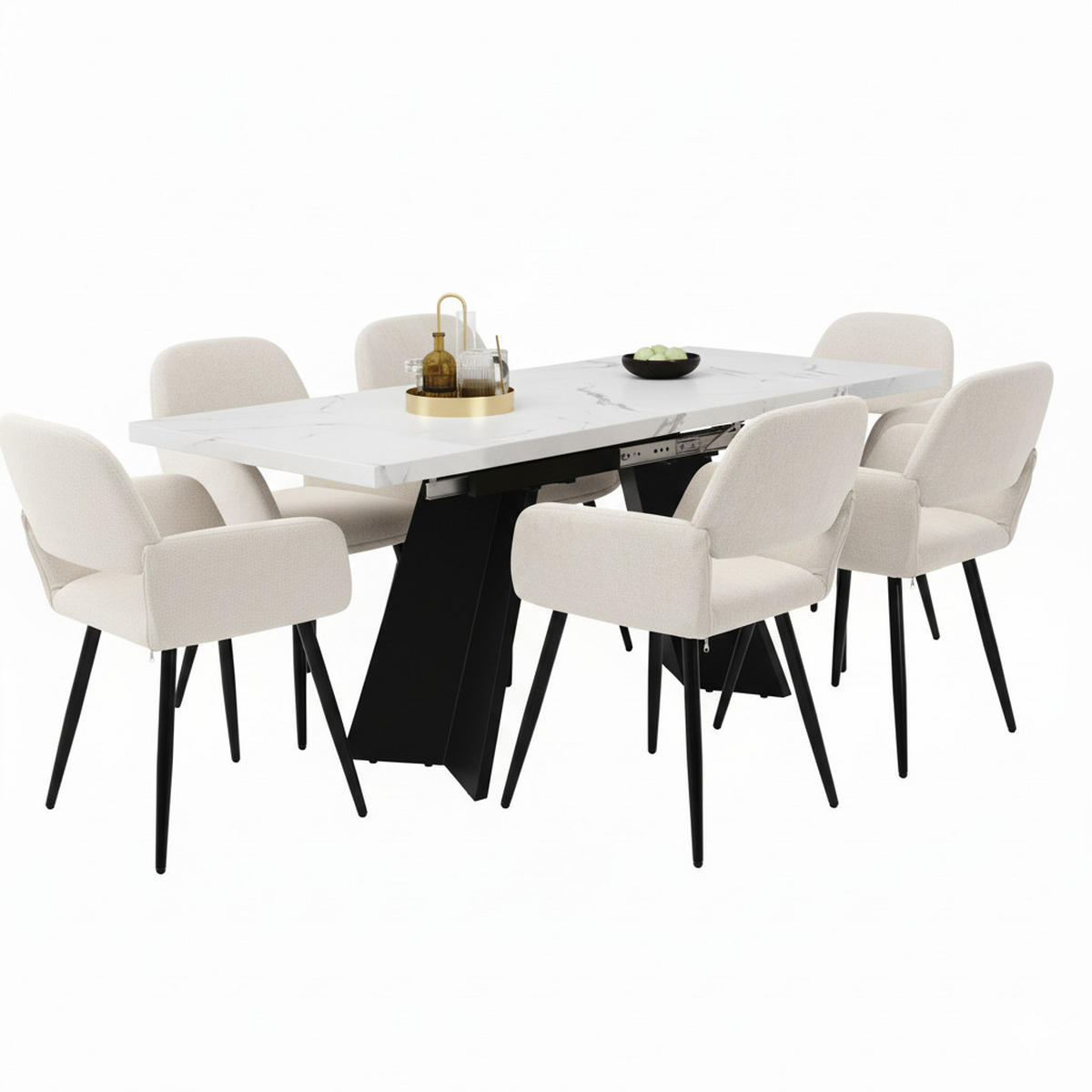 TISCHGRUPPE 7-teilig Ausziehtisch Marmoroptik Weiß & 6x 360° Drehstühle Beige - Schwarz/Weiß, Holzwerkstoff/Textil (159/77/74cm) - Urban Meuble