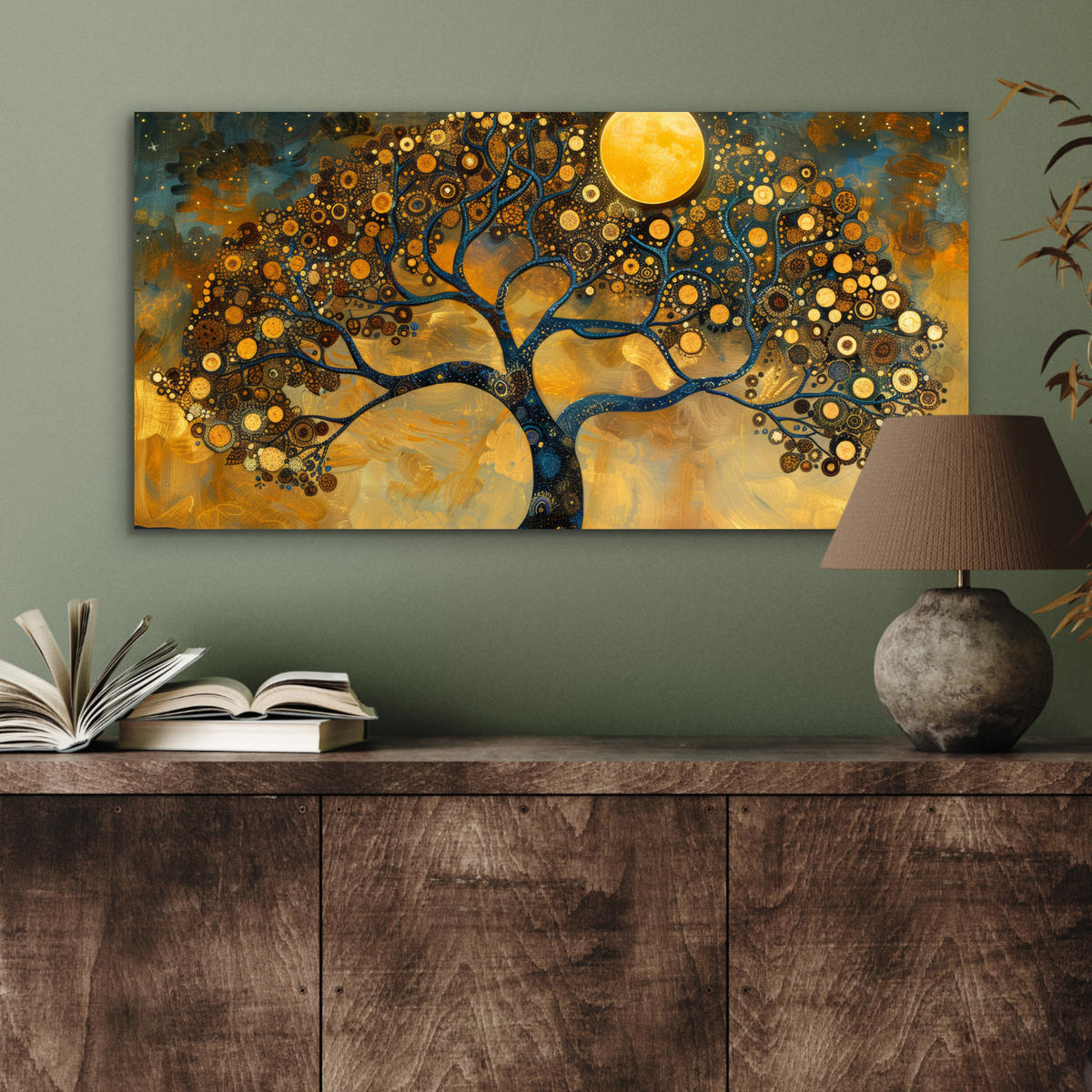 METALLBILD Baum - Mond - Blumen - Gold - Kunst 80x40 cm - Orange, Metall (80/40cm) - MuchoWow