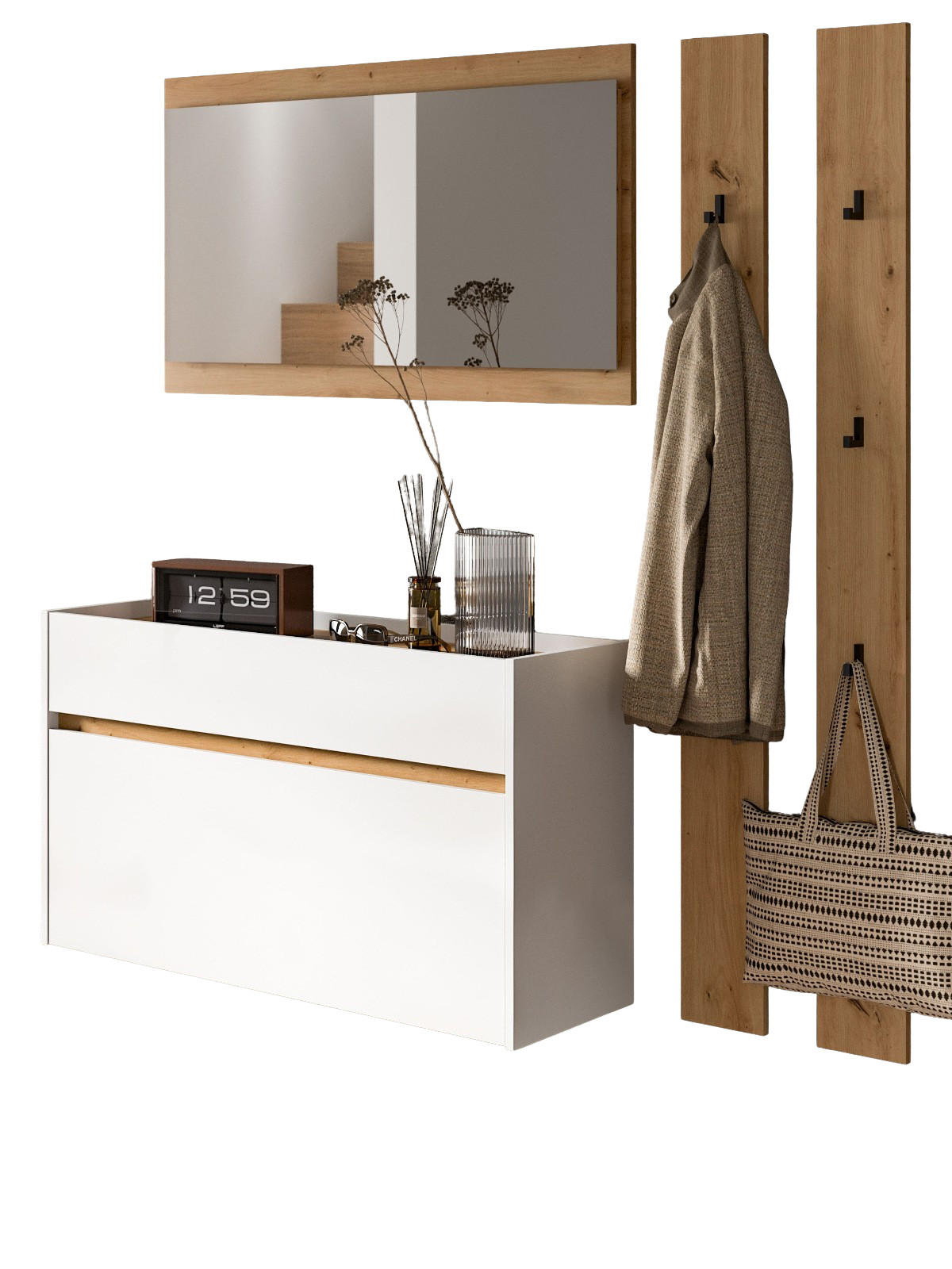 GARDEROBE-SET weiß und Artisan Eiche, Garderobe 4-teilig, 172 x 197 cm - Weiß/Eiche Artisan, Holzwerkstoff (172/197/32cm) - Inn.Furn