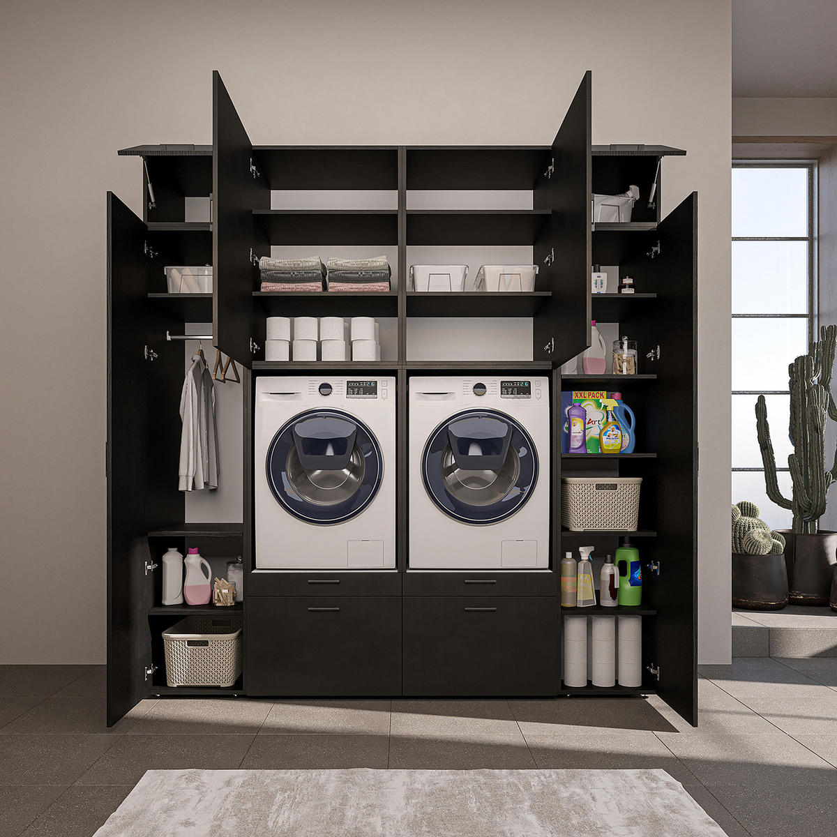 WASCHMASCHINENSCHRANK Serie 2 224cm Breit, 240cm Hoch - Schwarz, Holzwerkstoff (224/240/67cm)