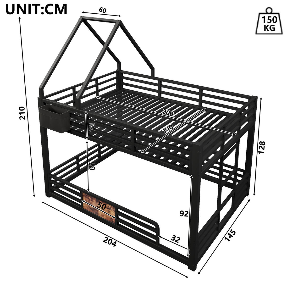 ETAGENBETT 140x200 cm mit LED-Beleuchtung, Hausbett-Design- Schwarz - Schwarz, Metall (140/200cm) - KOMHTOM