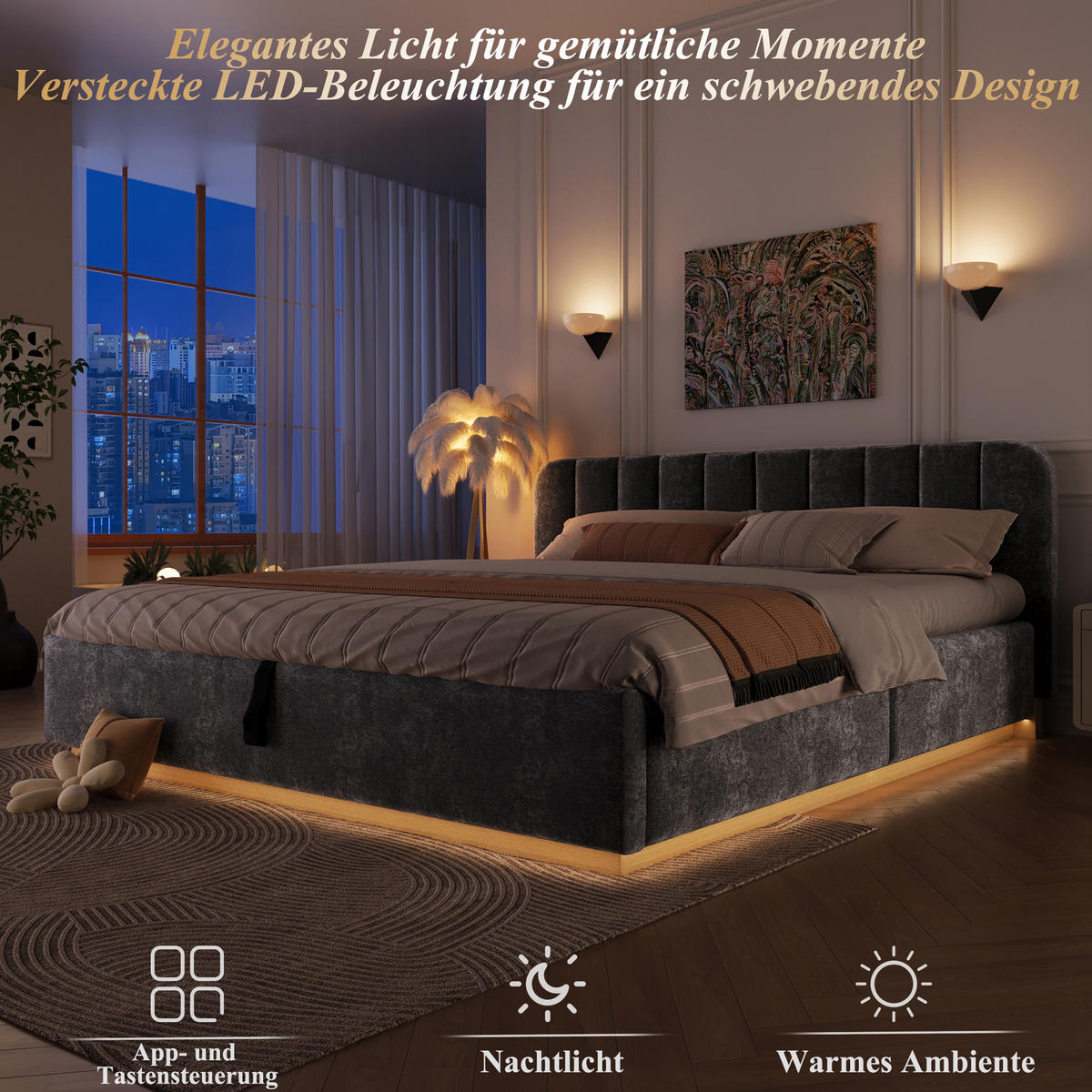 ČALOUNĚNÁ POSTEL 180x200cm Úložná LED Žinylka Antracit - šedá, kompozitní dřevo (180/200cm) - FLIEKS