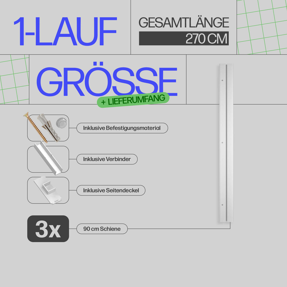 GARDINENSCHIENE - Komplettset inkl. Zubehör 270cm (3x90cm) 1-läufig - Weiß, Kunststoff (6/270cm) - Bestlivings
