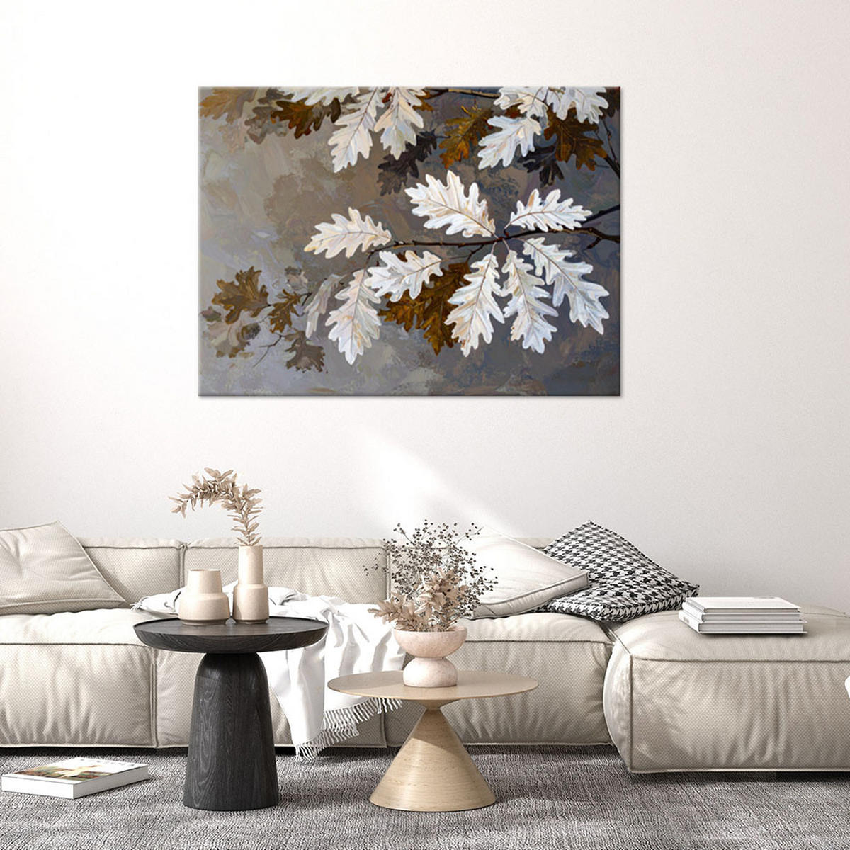 LEINWANDBILD, Eichenblätter Natur weiß-beige - Grau, Textil (90/60cm) - Feeby