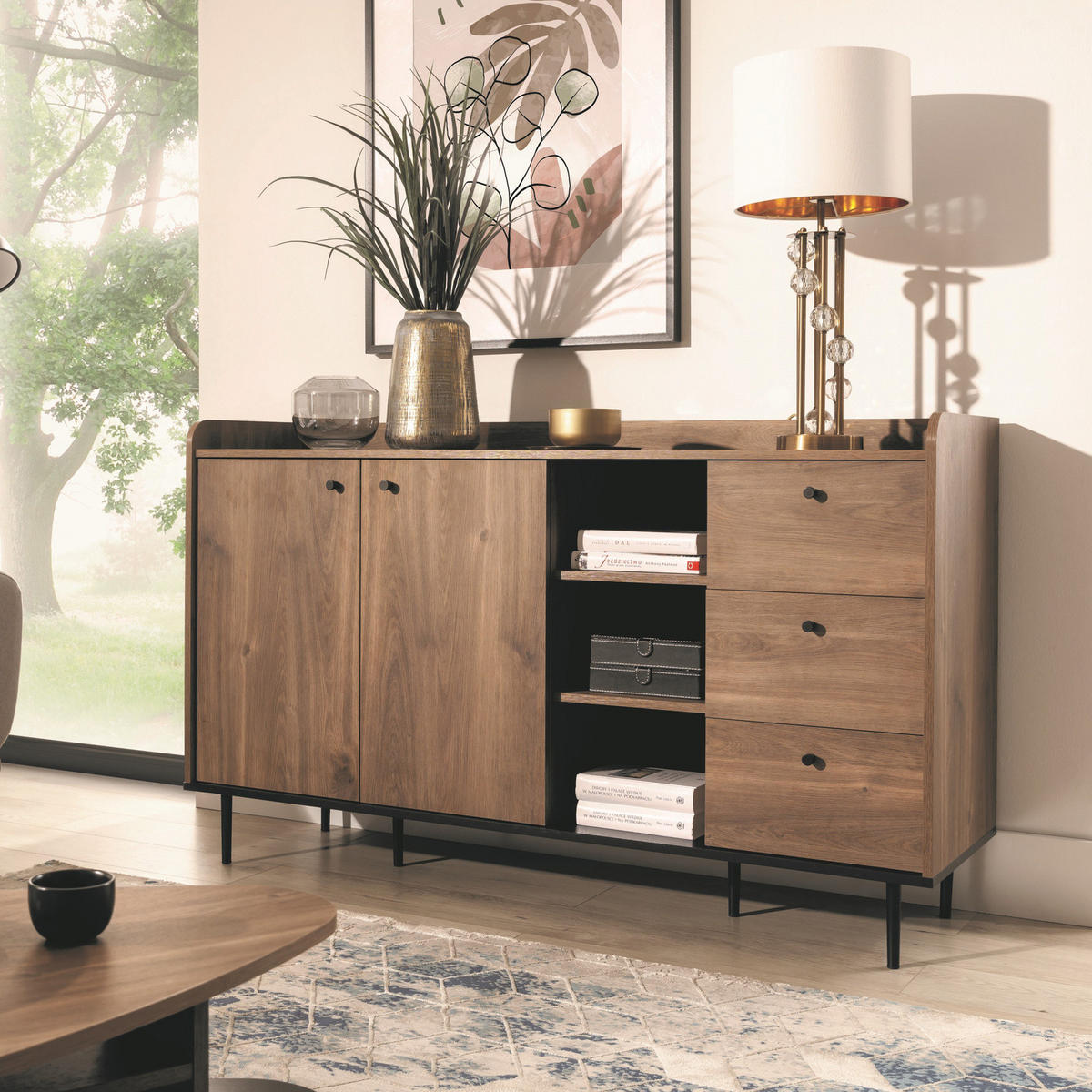 SIDEBOARD Nero 150/45/90 mit Metallfüße - Hellbraun/Schwarz, Holzwerkstoff/Metall (150/90/45cm) - Ravio