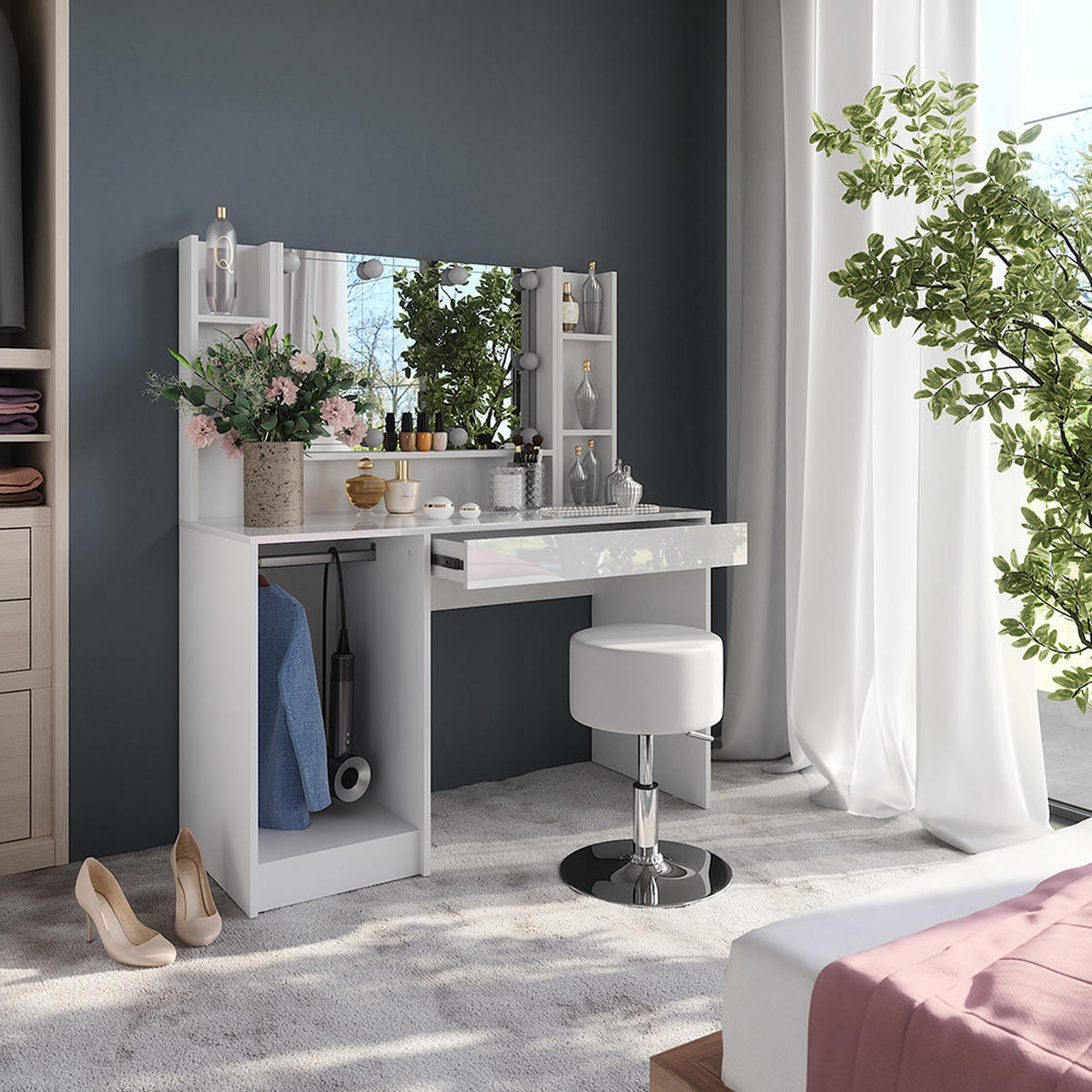 SCHMINKTISCH Sherry Weiß/Weiß Hochglanz 119.8 cm 5 Teile - Weiß Hochglanz, Holzwerkstoff (119.8/76/50.1cm) - Vicco