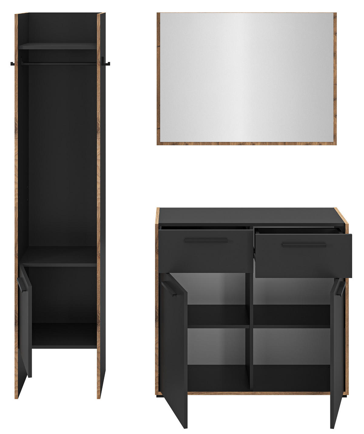 GARDEROBE-SET grau und Nox Eiche, Garderobenkombination 3-teilig, 152 x 189 cm, Salud - Dunkelgrau/Eichefarben, Holzwerkstoff/Kunststoff (152/189/37cm) - Inn.Furn