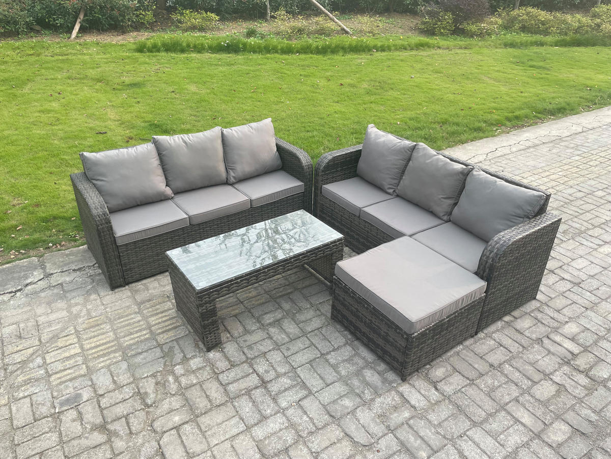 GARTENSOFA SET mit COUCHTISCH Polyrattan 7-Sitzer - Dunkelgrau/Grau, Glas/Kunststoff - Fimous