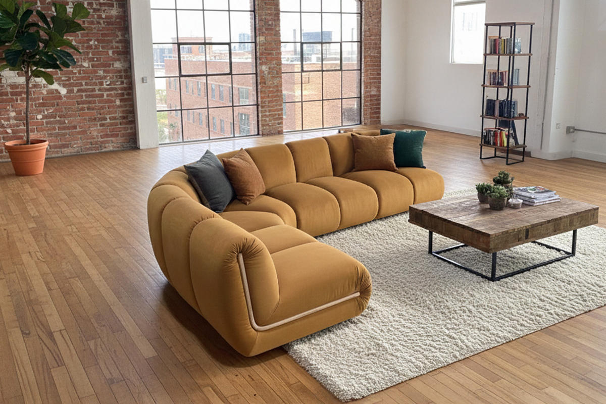 MODULSOFA LAYLA Gelb Velvet - Gelb/Schwarz, Buchenholz/Textil (305/213cm) - KAWOLA