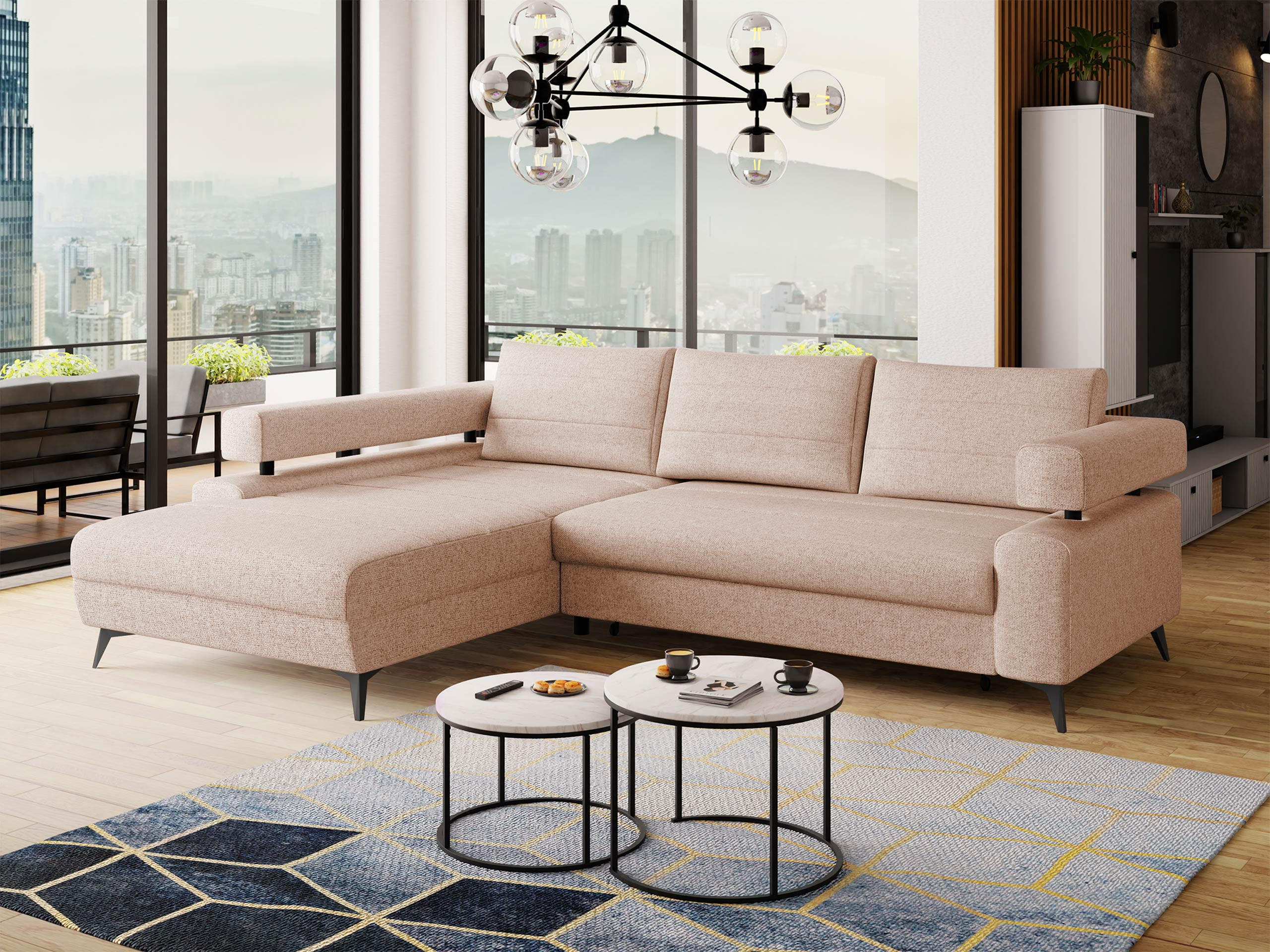 ECKSOFA Rosa, Seite: Links OT-2R - Hellrosa/Schwarz, Holz/Textil (265/184cm) - MIRJAN24