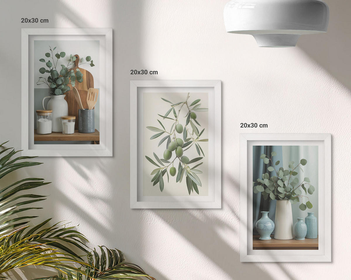 WANDBILDER 3er-Set - 20x30 cm Weißer Rahmen - Grüne Oliven, Eukalyptus - Weiß, Kunststoff (20/30cm) - ArtPrintCave