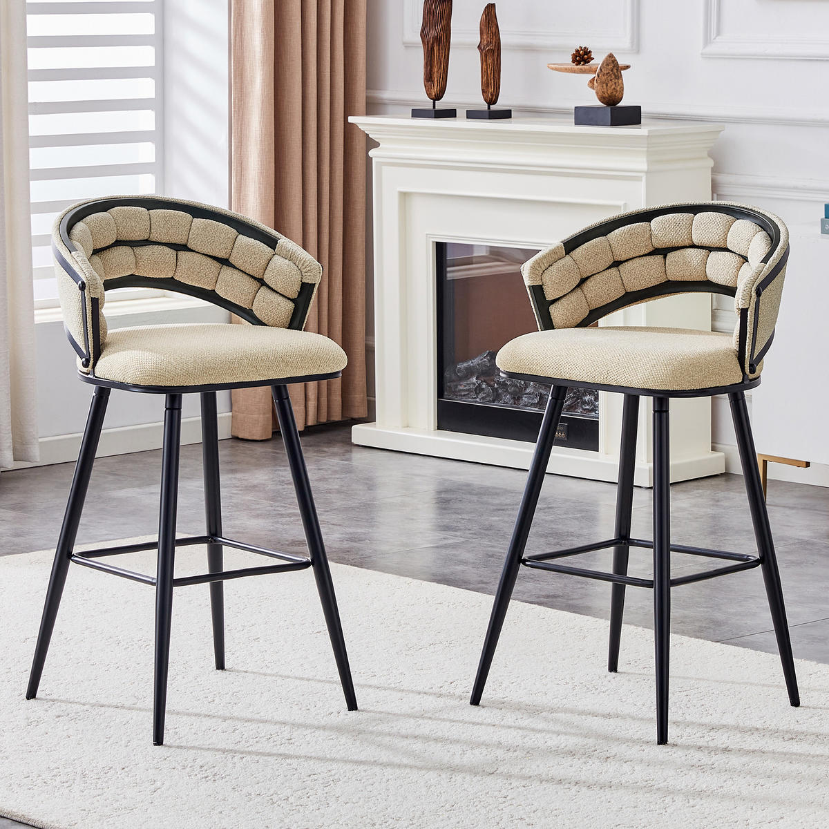 BARHOCKER 2er-Set Beige mit Samt und schwarzen Eisenbeinen - Beige, Metall (56/98.5/50.5cm) - PANGIVO