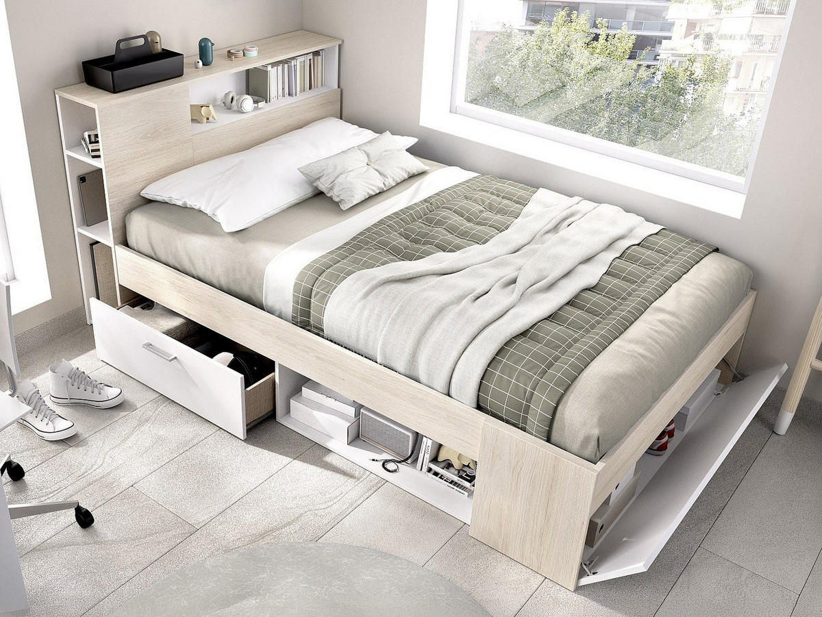 BETT mit Kopfteil, Stauraum & Schubladen - 120 x 190 cm - Holzfarben & Weiß - LEANDRE - Naturfarben, Holz (129.5/218.5cm) - Vente-Unique