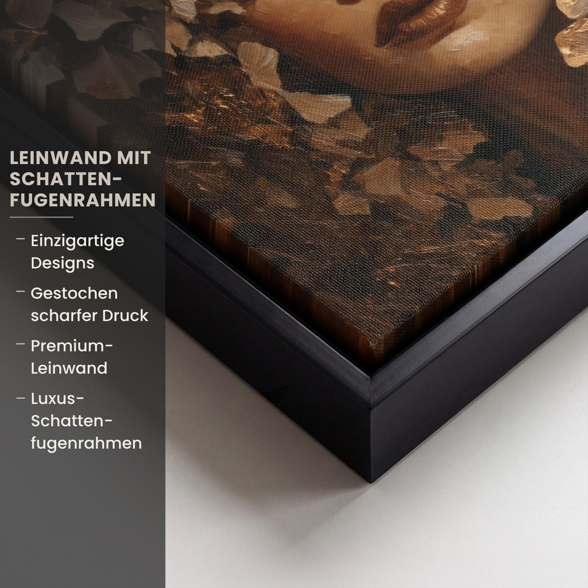LEINWAND Bilder mit Rahmen - Gesicht - Dame - Blätter - Pinselstriche - 20x20 - Goldfarben, Textil (20/20cm) - MuchoWow