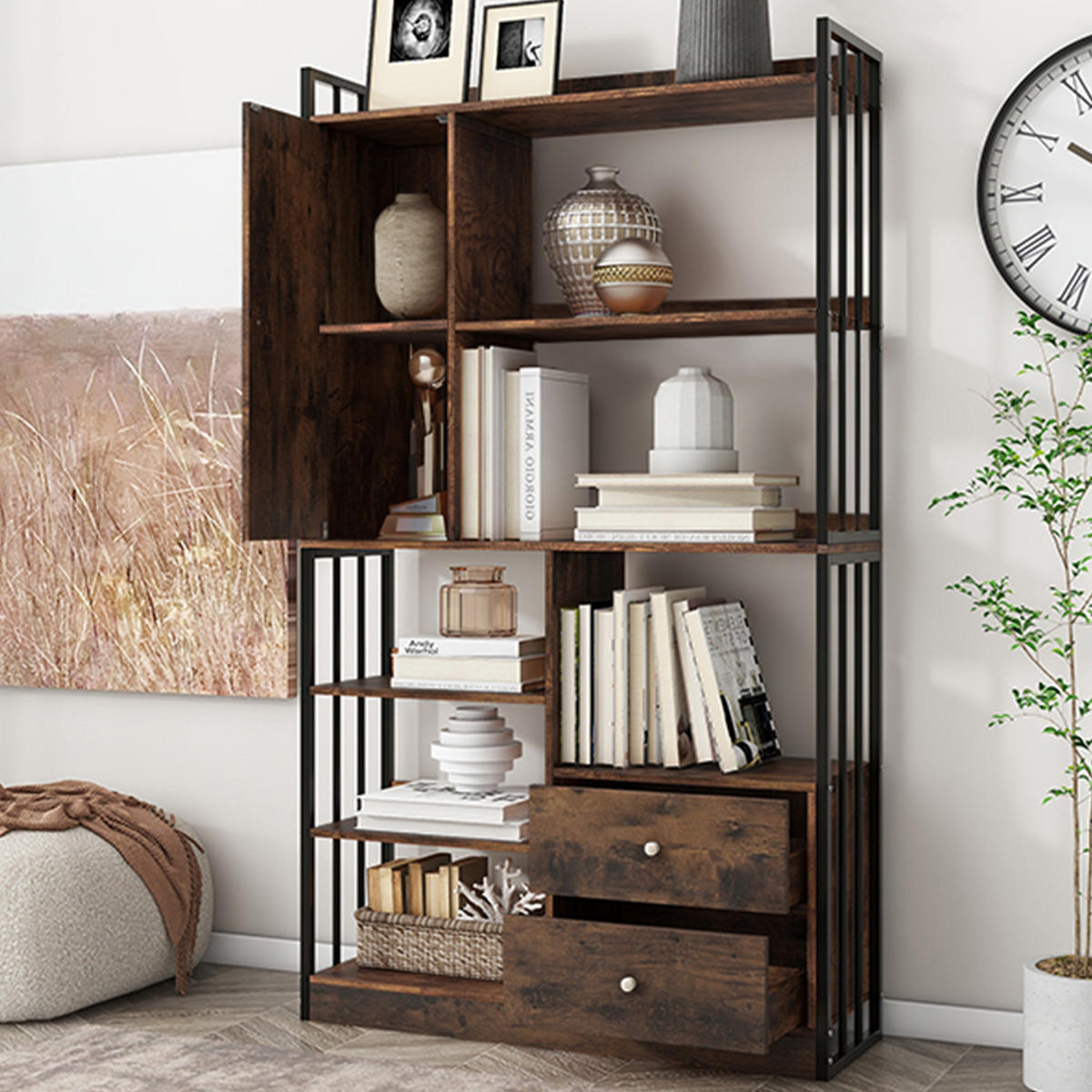 MEHRZWECKSCHRANK mit 6 Regale,Hochschrank mit Türen und Schubladen - Braun, Holzwerkstoff/Metall (100/173.5/30cm) - EVRYAE