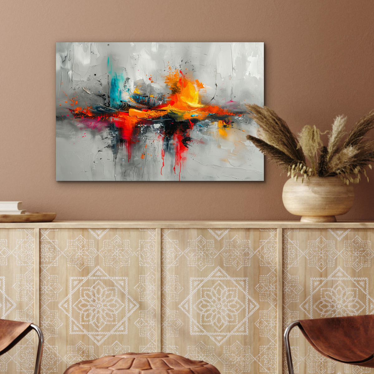METALLBILD Moderne Kunst - Orange - Grau - Abstrakt 60x40 cm - Hellgrau, Metall (60/40cm) - MuchoWow