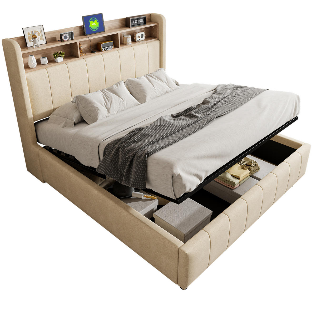 POLSTERBETT 160/200 cm Beige mit LED-Beleuchtung und USB-Steckdose, hydraulischem Stauraum - Beige, Textil (160/200cm) - OKWISH
