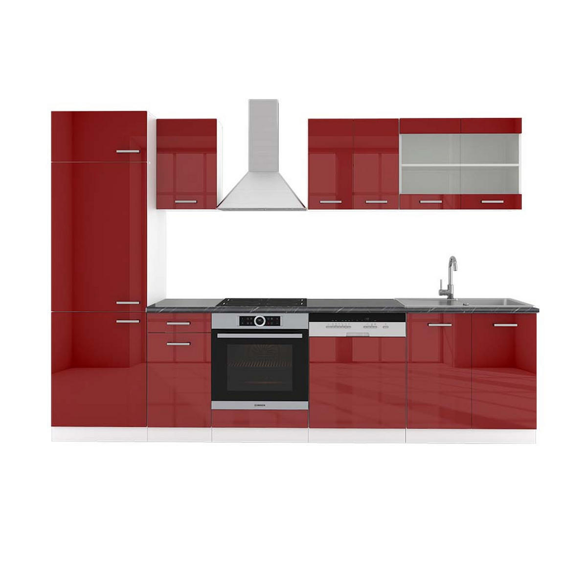KÜCHENZEILE R-Line Rot Hochglanz/Weiß 300 cm , AP Anthrazit - Rot/Weiß, Holzwerkstoff (300/81.6/60cm) - Vicco