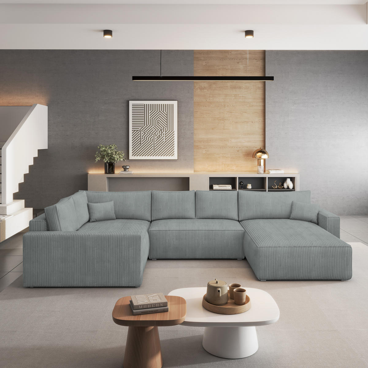 ROHOVÁ SEDAČKA VELAMI světle šedá - šedá/světle šedá, dřevo/textil (365/194cm) - MASSENO