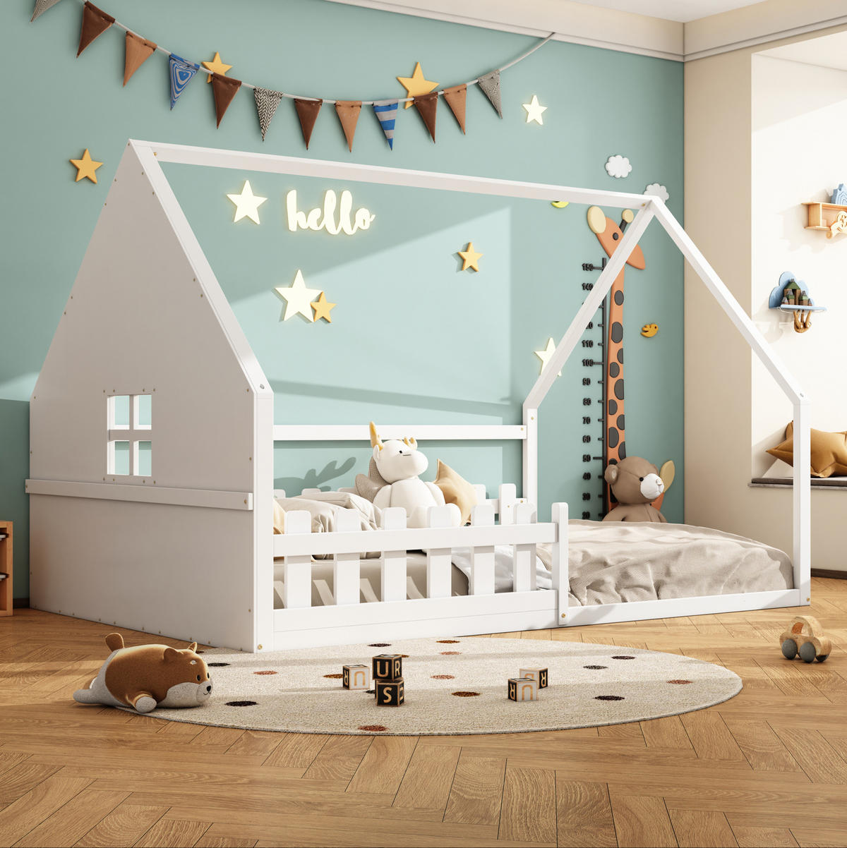 KINDERBETT Hausbett 140/200 cm mit Geländer aus Kiefernholz in Weiß - Weiß, Holz (140/200cm) - BEAOK
