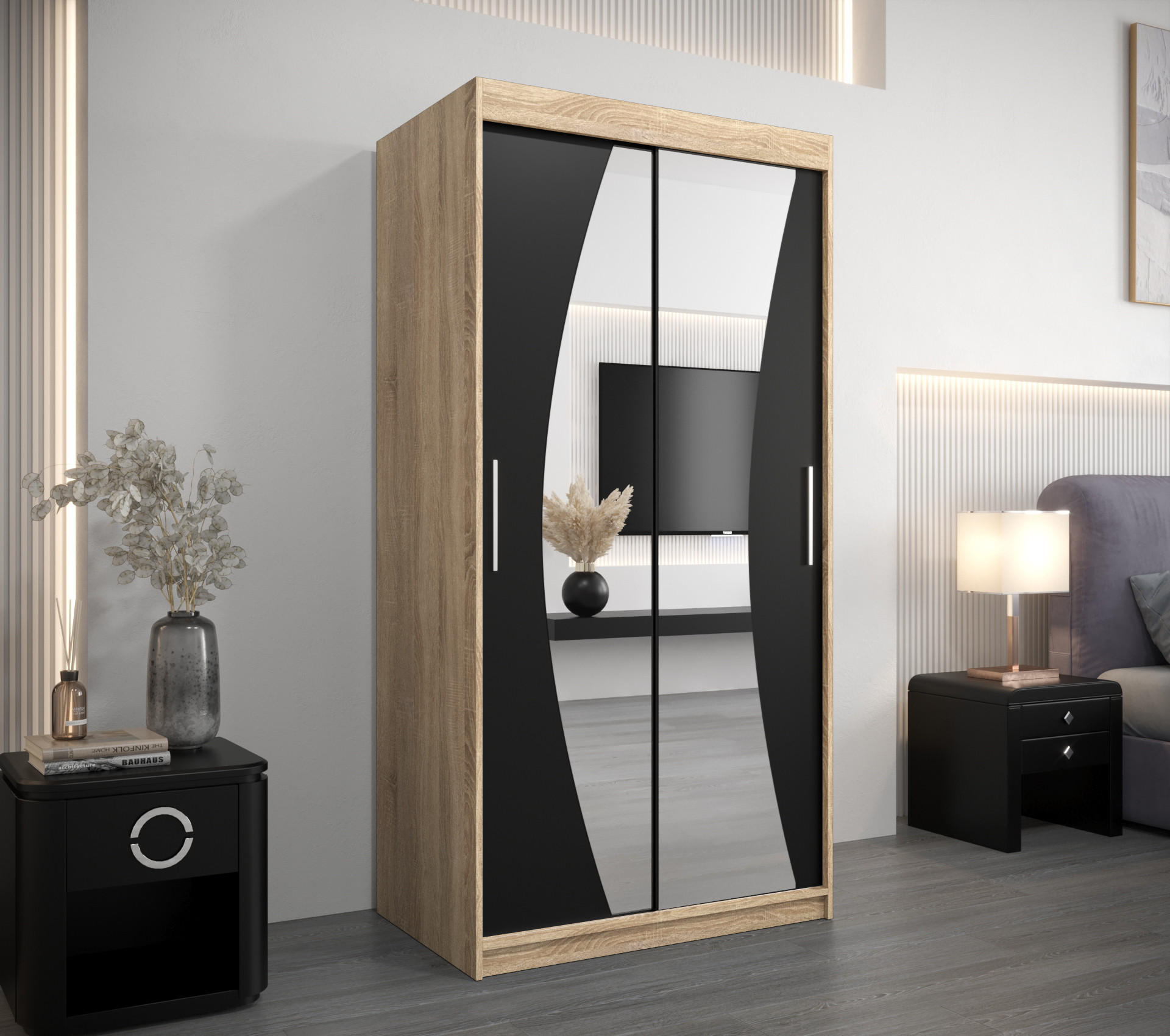 SCHWEBETÜRENSCHRANK 200/100/62 2-türig - Silberfarben/Schwarz, Holz/Kunststoff (100/200/62cm) - Abiks Möbel