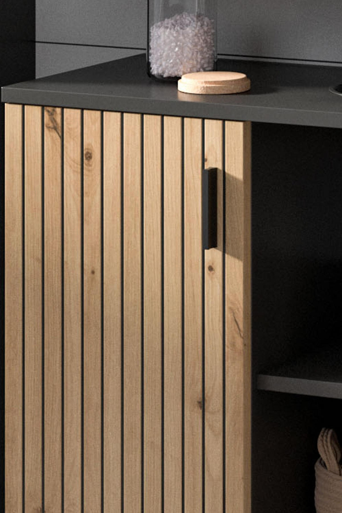 WASCHBECKENUNTERSCHRANK Eiche Artisan, grau 80 cm, Badezimmer Unterschrank mit Rillen-Optik - Schwarz/Eiche Artisan, Holzwerkstoff/Kunststoff (80/59/30cm) - Inn.Furn