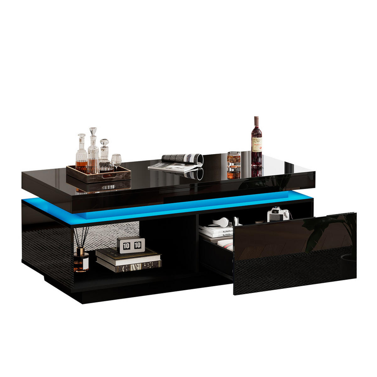 COUCHTISCH 100x50cm Schwarz Hochglanz LED Schublade 50kg Tragkraft - Schwarz, Holz (100/50/40cm) - FLIEKS