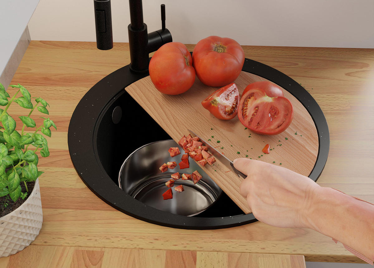 SPÜLBECKEN RUND Pisa Max, 2-er set Schwarz Metallic 53/53 cm 1 Becken + Ablauf-Set + Schneidebrett ab 50er Unterschrank - Chromfarben/Schwarz Hochglanz, Kunststoff (53/20/53cm) - Primagran