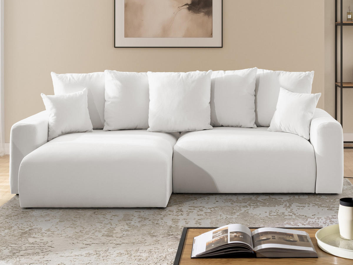ECKSOFA Calma mit Schlaffunktion und Bettkasten im Bumpy-Design aus weichem Creme Webstoff - Ottomane links - Creme/Schwarz, Holz/Kunststoff (239/140cm) - S-Style