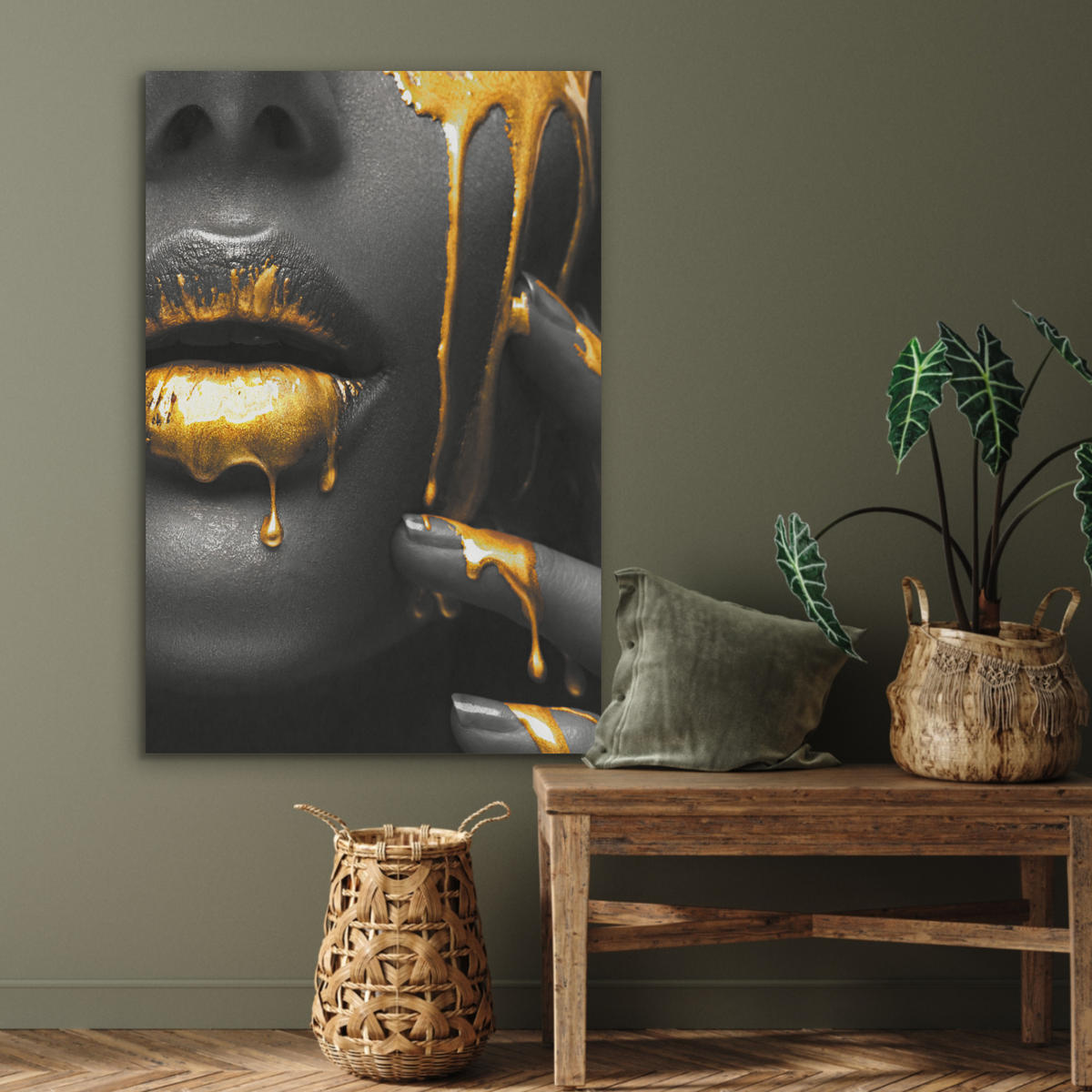AKUSTIKPANEEL Frau - Schwarz - Gold - Gesicht - Lippen 70x100 cm - Goldfarben, Textil (70/0.9/100cm) - MuchoWow