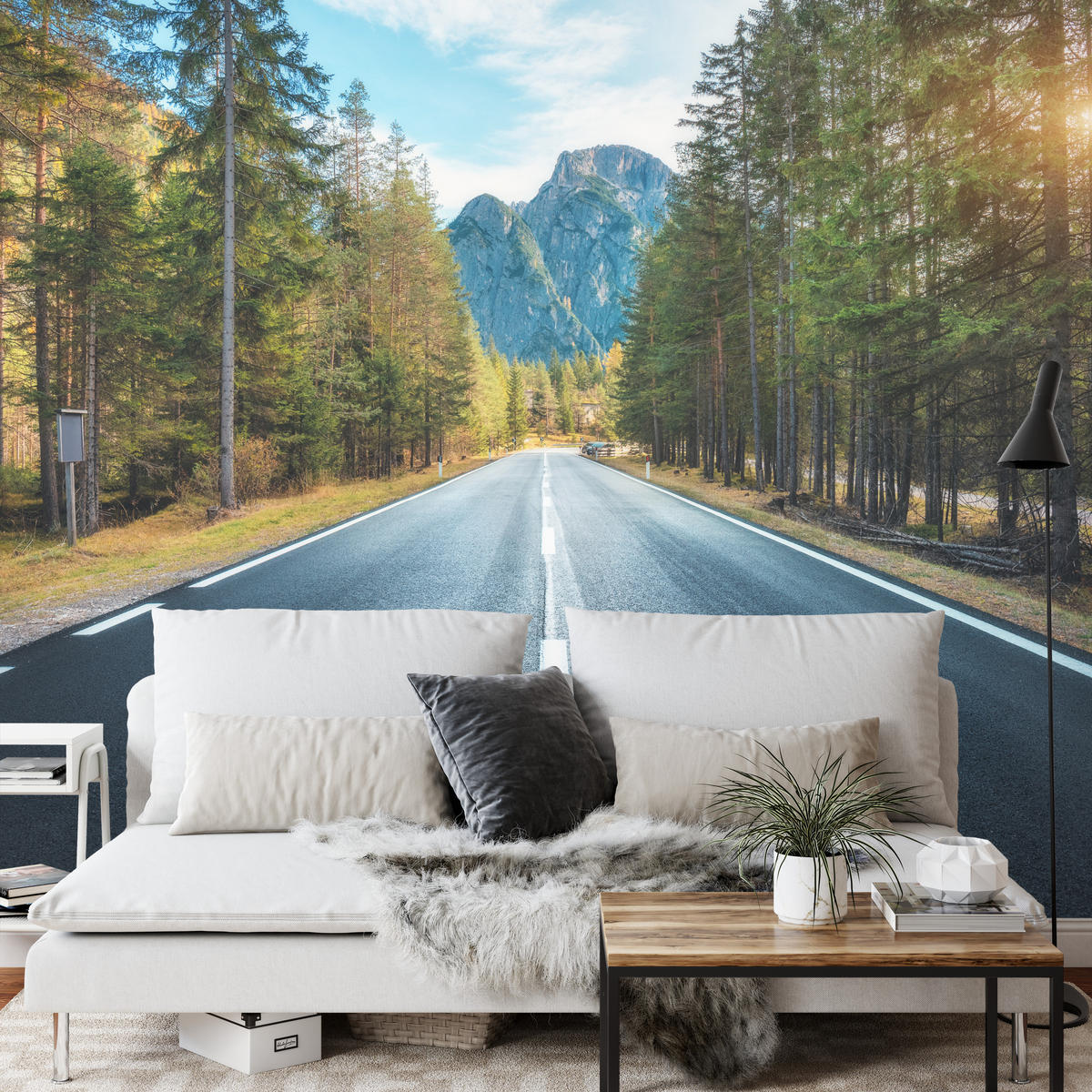 FOTOTAPETE für Wohnzimmer Asphaltstraße Bergwald Bäume Pflanzen 100x70 - Gelb/Schwarz, Papier (100/70cm) - Muralo