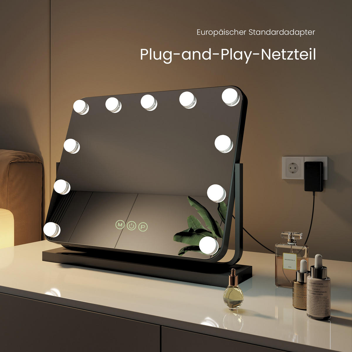 KOSMETIKSPIEGEL mit Beleuchtung, Schwarz, 50/42 cm - Schwarz, Glas (42/12/50cm) - EMKE